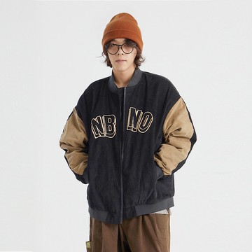 男女冬季燈芯絨棒球服撞色拼接刺繡日系復古外套