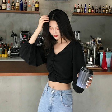 韓版復古設計感V領短版長袖上衣【W172】