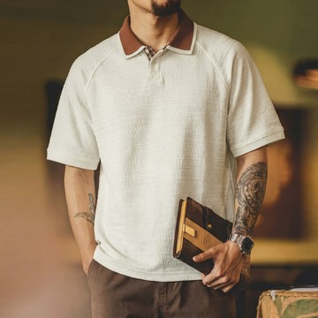 Wuluwear 美式復古針織polo衫男夏季新款寬鬆透氣肌理休閒T恤撞色翻領上衣
