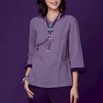 古典美 亞麻斜襟荷葉上衣【58037】棉麻/亞麻/中國風/漢服/茶禪服