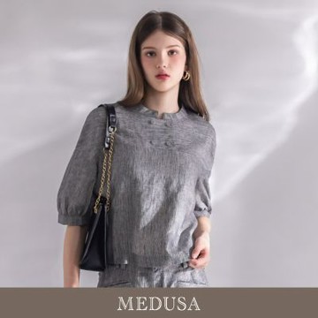 現貨【MEDUSA 曼度莎】霧灰亞麻排釦圓領傘擺上衣（M-XL）｜女短上衣 亞麻上衣 休閒穿搭