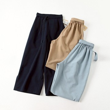 日本D 氣質時尚 帶腰帶半松緊高腰開叉闊腿褲休閑褲女1入