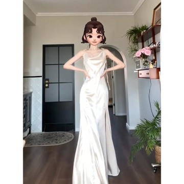 微胖高級感蕩領緞面吊帶連衣裙女夏季名媛風氣質生日禮服魚尾長裙