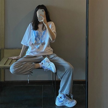 時尚套裝女學生寬松T恤顯瘦休閑闊腿燈籠褲兩件套女