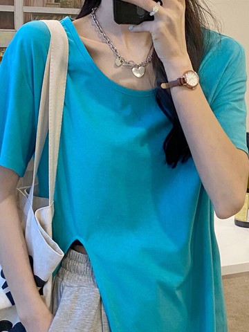 設計感時尚開叉白色短袖t恤女年新款夏季打底衫韓版寬松上衣