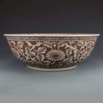 明洪武釉里紅纏枝牡丹海碗 仿古瓷器古董古玩收藏真品老貨