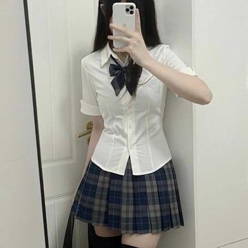 夏季原創jk製服收腰白色襯衫女短袖辣妹學院風襯衣狗短格裙套裝秋