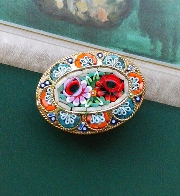 Vintage Jewelry 西洋古董飾品 ITALY 微型馬賽克 粉嫩 百卉 別針