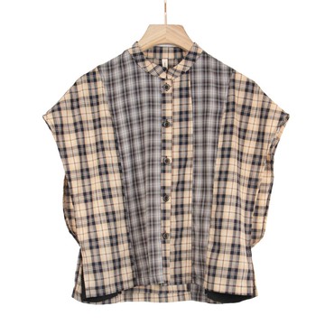 黃灰格 - 立領側拼接格紋無袖上衣 #U1188