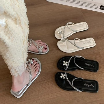 💕甜心大尺碼💕大尺碼涼鞋 羅馬涼鞋仙女風水鉆套趾涼拖鞋女夏季平底外出夾趾拖鞋
