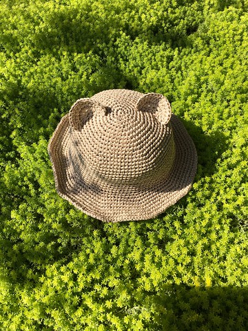 手工鉤針-貓熊耳朵兒童遮陽帽/兒童草帽/紙線帽