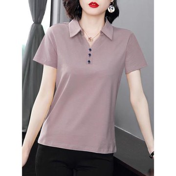純棉短袖女t恤中老年夏裝新款媽媽襯衫女士女裝夏季中年翻領上衣