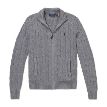 Polo Ralph Lauren RL 熱銷刺繡小馬立領麻花毛衣外套-灰色