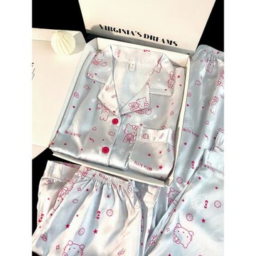 2025年網紅款冰絲睡衣三件套女薄款夏季短袖銀粉kt凱蒂貓家居服春