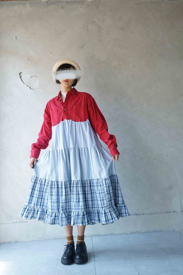 Restyle改造古著-Levis洗舊紅牛仔襯衫拼接蛋糕裙洋裝