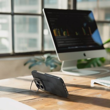 【iPhone 16】手機支架磁吸防彈纖維保護殼 - 消光方格黑