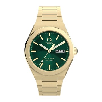 【TIMEX】天美時 Q Timex Continental 39毫米 日期星期顯示 不鏽鋼錶帶腕錶(綠x金 TXTW2Y35100)