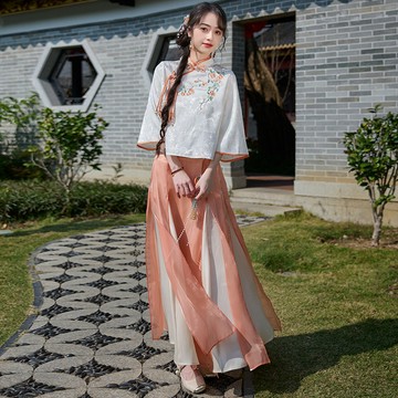 【夏天Summer】🔥新中式改良漢服 氣質古典女裝 重工提花刺繡盤扣斜襟上衣 A型寬鬆半身裙套裝 復古旅遊拍照 唐裝傳統