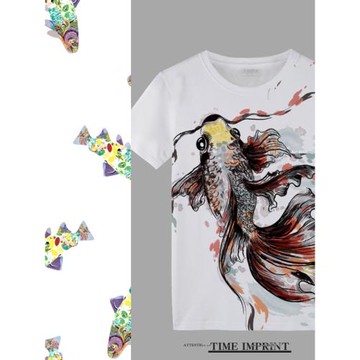 魚圖案t恤短袖冰絲體恤衫中國風速干汗衫薄款圓領半截袖休閑衣服