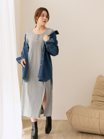 保暖棉質磨毛小開襟車線剪接開衩洋裝