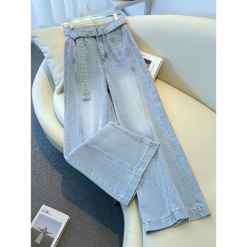 自留款推薦~淺藍配腰帶牛仔褲女2025春季新款高腰顯瘦直筒褲子潮