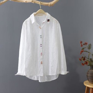 文藝清新短款襯衫女2026春秋新品白襯衣鏤空長袖刺繡打底衫上衣