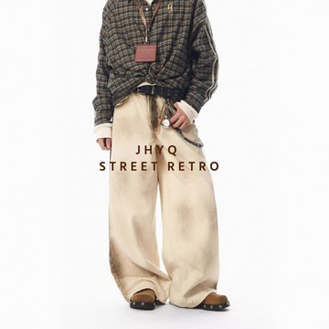 美式休閑廢土風臟染牛仔褲男女款慵懶感寬松直筒復古街頭拖地長褲鑫弘-衣錦男裝