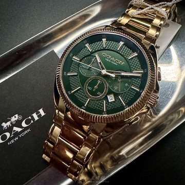 COACH手錶,編號CH00215,44mm金色圓形精鋼錶殼,墨綠色三眼, 中三針顯示錶面,金色精鋼錶帶款,超高品質!, 氣場戴出來!