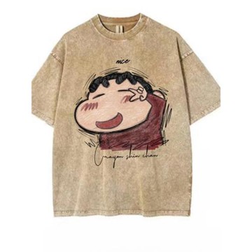 日系卡通爆款【比耶小新】純棉洗水做舊T恤原創手繪印花寬松短袖