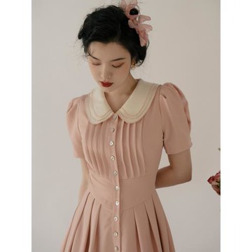 粉色襯衫裙雙層領溫柔長裙夏季2026年新款法式氣質高級感連衣裙女