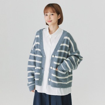 【Simply Yours】V領條紋羊毛開襟衫 灰F