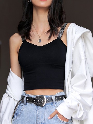 網紅爆款燙鉆美背女夏內搭小吊帶薄款字母肩帶背心外穿ins潮上衣