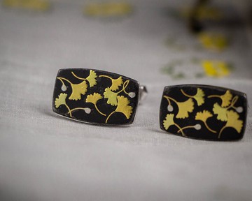 日本古董 熊本肥後象嵌 24/18K金/純銀鑲嵌工藝 銀杏圖騰方形袖扣