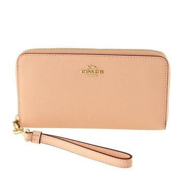 COACH - 素面皮革手掛式拉鍊長夾 (淺桔)