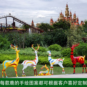 福錦記 玻璃鋼彩繪梅花鹿雕塑戶外園林動物擺件景觀小品商場美陳