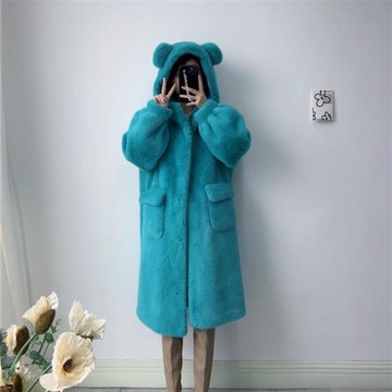 【米蘭精品】皮草外套仿水貂毛大衣-連帽可愛耳朵寬鬆女外套5色74iq29