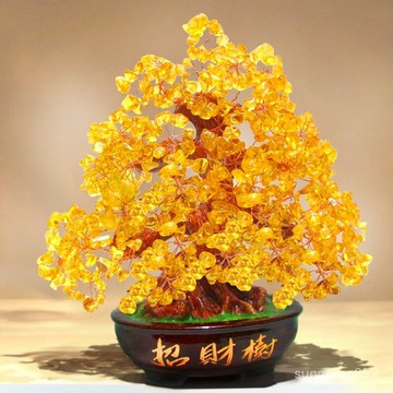 ✨招財樹✨黃水晶招財樹擺件 客廳酒櫃髮財樹小裝飾品家居創意工藝品搖錢樹錢袋招財樹  發財樹 搖錢樹 招財擺件 風水擺件