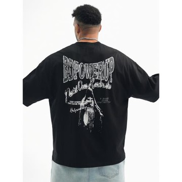 bdpowerup夏季黑色短袖男美式復古印花t恤寬松休閑純棉透氣上衣