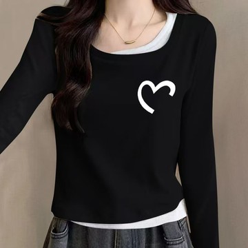 衣時尚 上衣 長袖T卹 打底衫 印花T卹 S-2XL新款設計感假兩件方領長袖修身別緻感拼接上衣-5822.