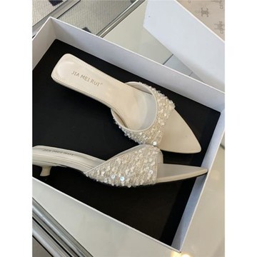 大小姐~高跟鞋女2025春夏新款尖頭小貓跟超火ins潮露趾外穿涼拖鞋