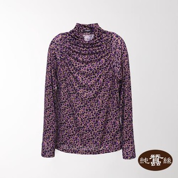 【岱妮蠶絲】純蠶絲42針110G長袖印花羅馬領上衣-墨點豹紋-黃紫色(VWL6A302)