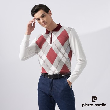 【pierre cardin 皮爾卡登】男款 棉質混紡菱格紋印花門襟拉鍊長袖POLO衫-白色 (5225296-90)