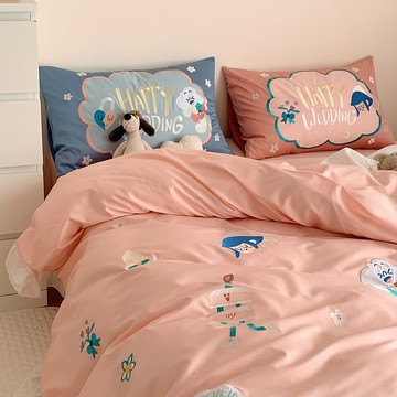 婚禮特別款 粉色刺繡100%棉製床上四件套