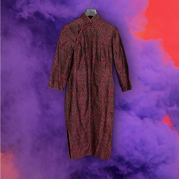 二手 暗紅黑 印花 輕薄 偏挺 滾邊 古董訂製 長袖 旗袍 PF1215