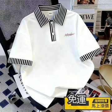 🔥優品🔥校園風Polo衫假兩件條紋拼色韓版高街寬鬆運動休閒百搭襯衫領上衣