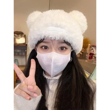 可愛針織耳朵棉帽女冬季白色毛絨