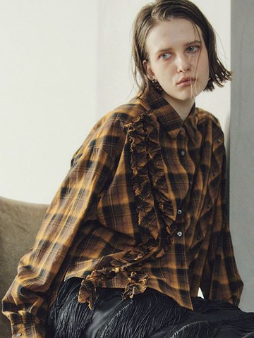 經典格紋不對稱荷葉摺邊排釦翻領襯衫(07000939200) - YECCA VECCA