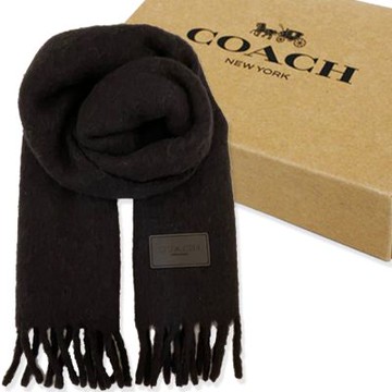 COACH 新款方標LOGO雙面羊駝毛流蘇圍巾禮盒(黑)