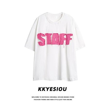 KKyesiou磨毛牛仔撞色美式復古短袖T恤男女vintage情侶設計感上衣