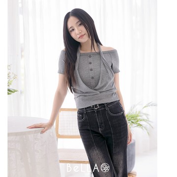 【入秋新品】BeLLA 假兩件掛脖上衣 灰色